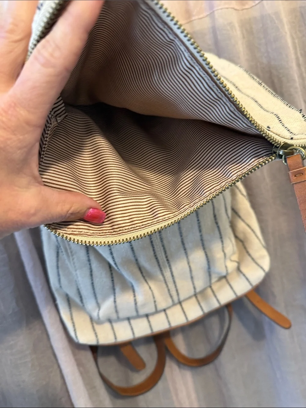 Striped Canvas Backpack with Brown Trim - Cream and Brown